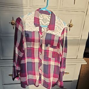 Lucky Brand Pink and Blue Plaid Shirt with Lace